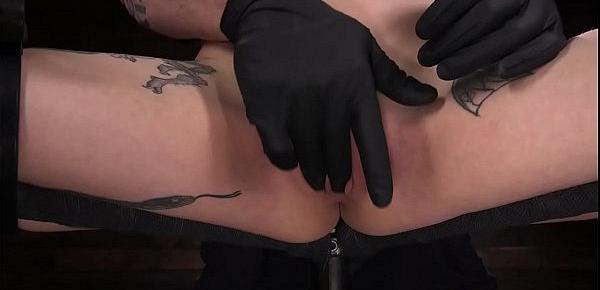  Tattooed petite slave on device bondage